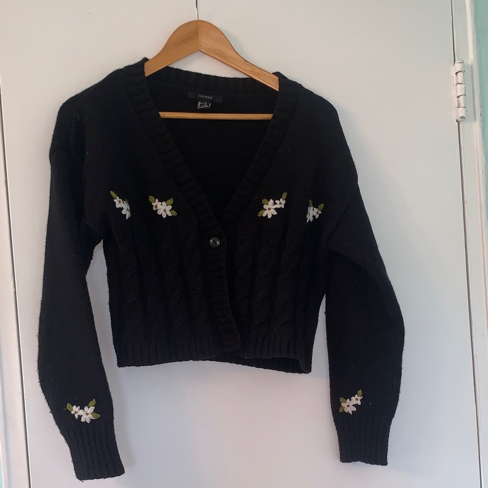 Forever 21 Black Floral Embroidered Cardigan